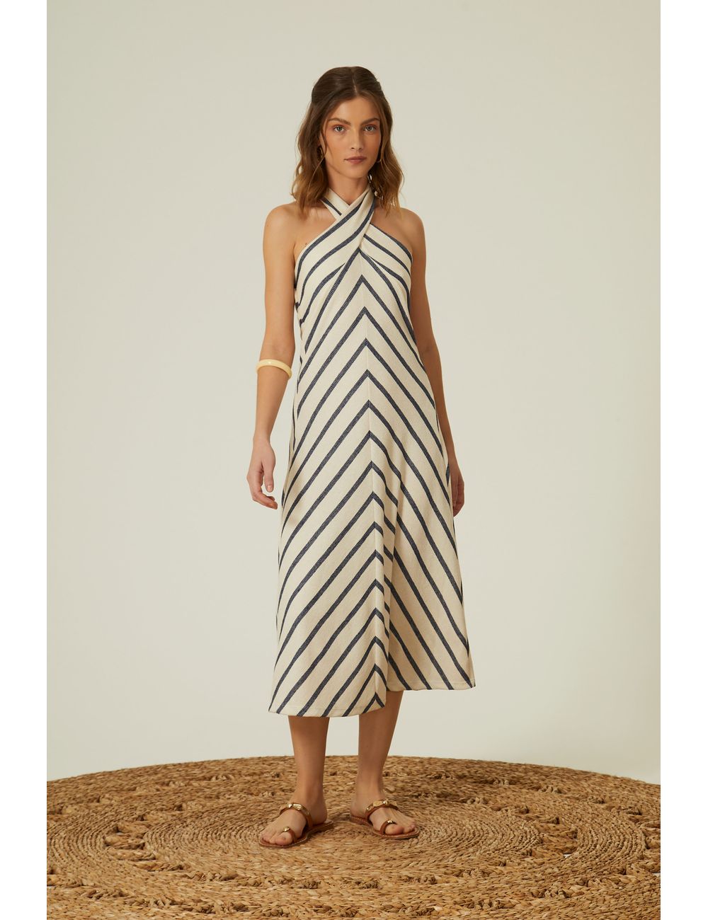 Vestido Midi Decote Cruzado Listras