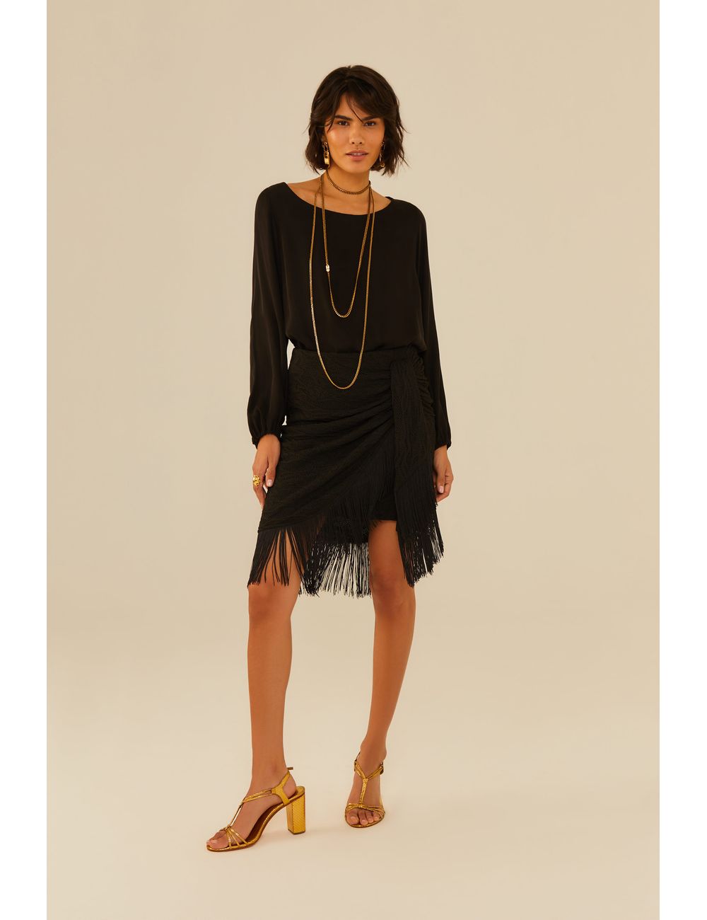 Saia Tricot Pareô Com Franja