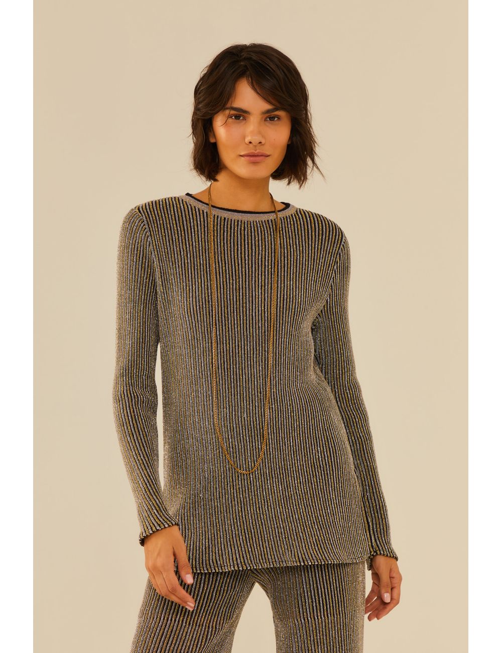 Blusa Tricot Canelado Lurex Manga Longa