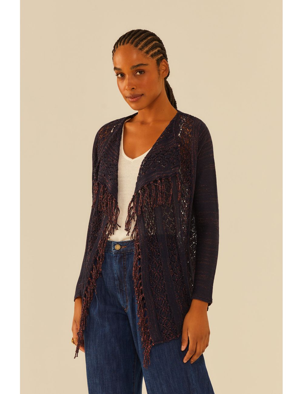 Casaco Tricot Franja Transversal