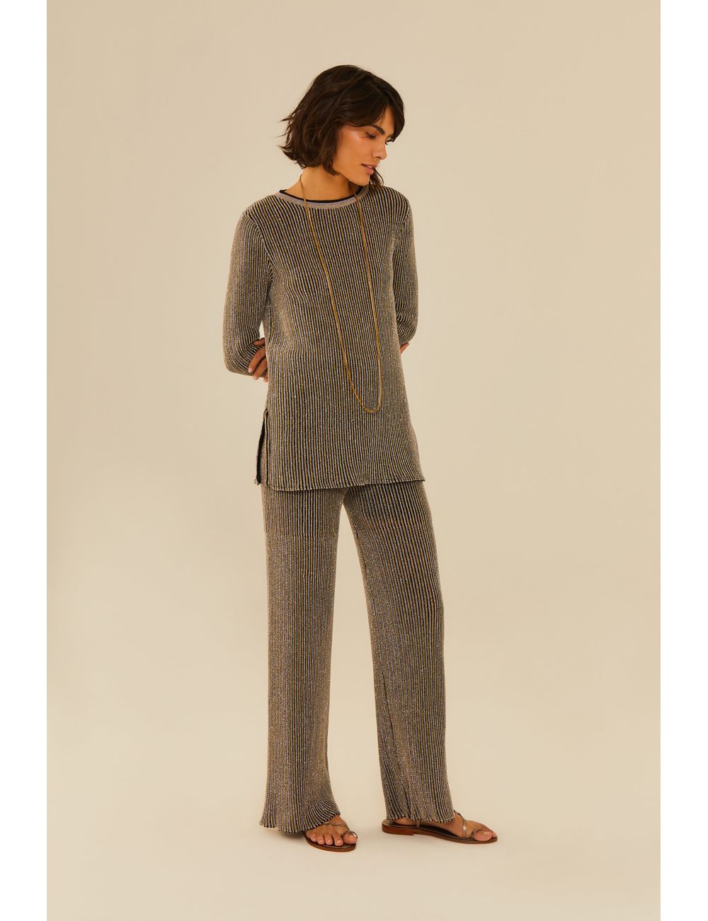 Calça Tricot Flare Lurex Canelado