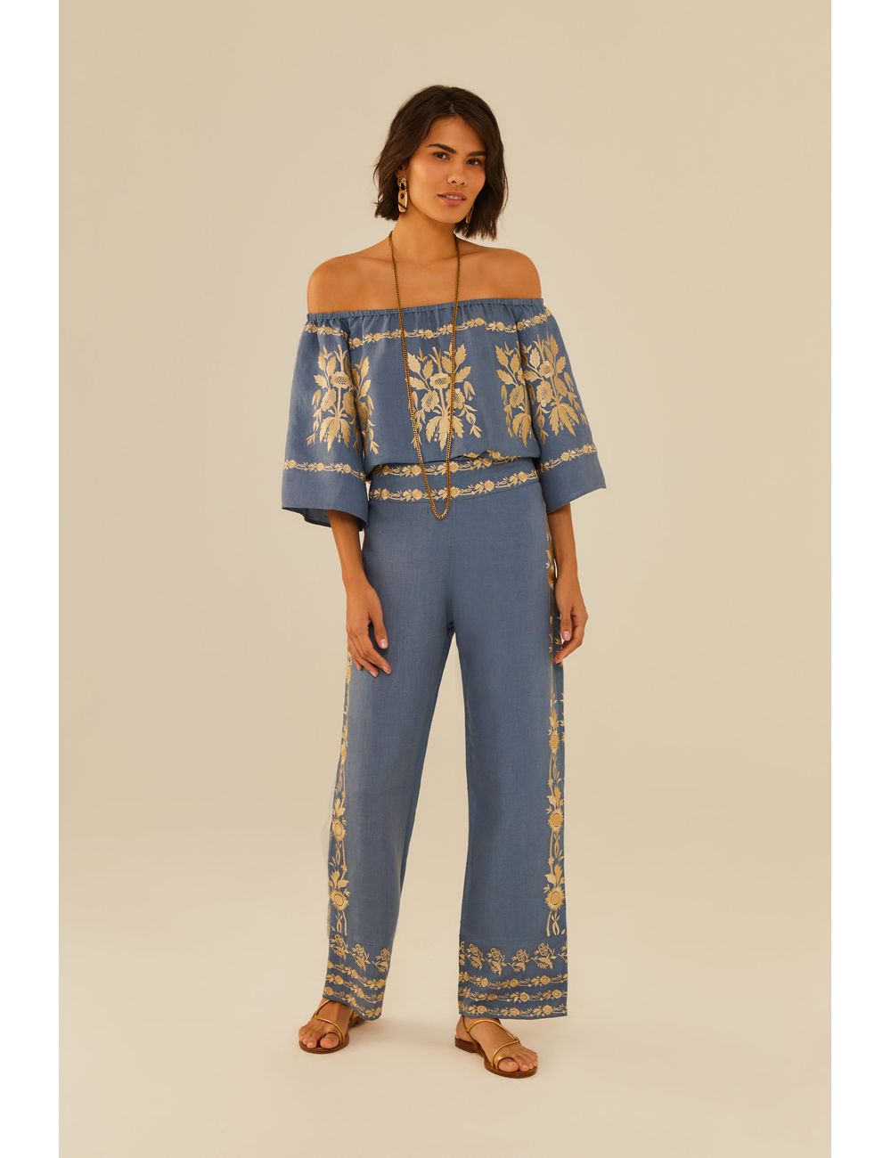 Calça Bordado Floral Ouro