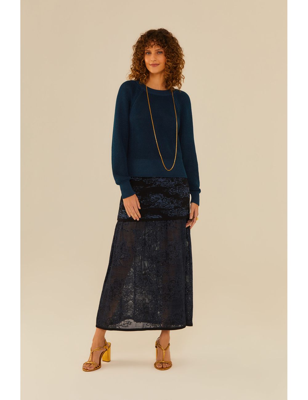 Saia Tricot Jacquard Estampa Lótus