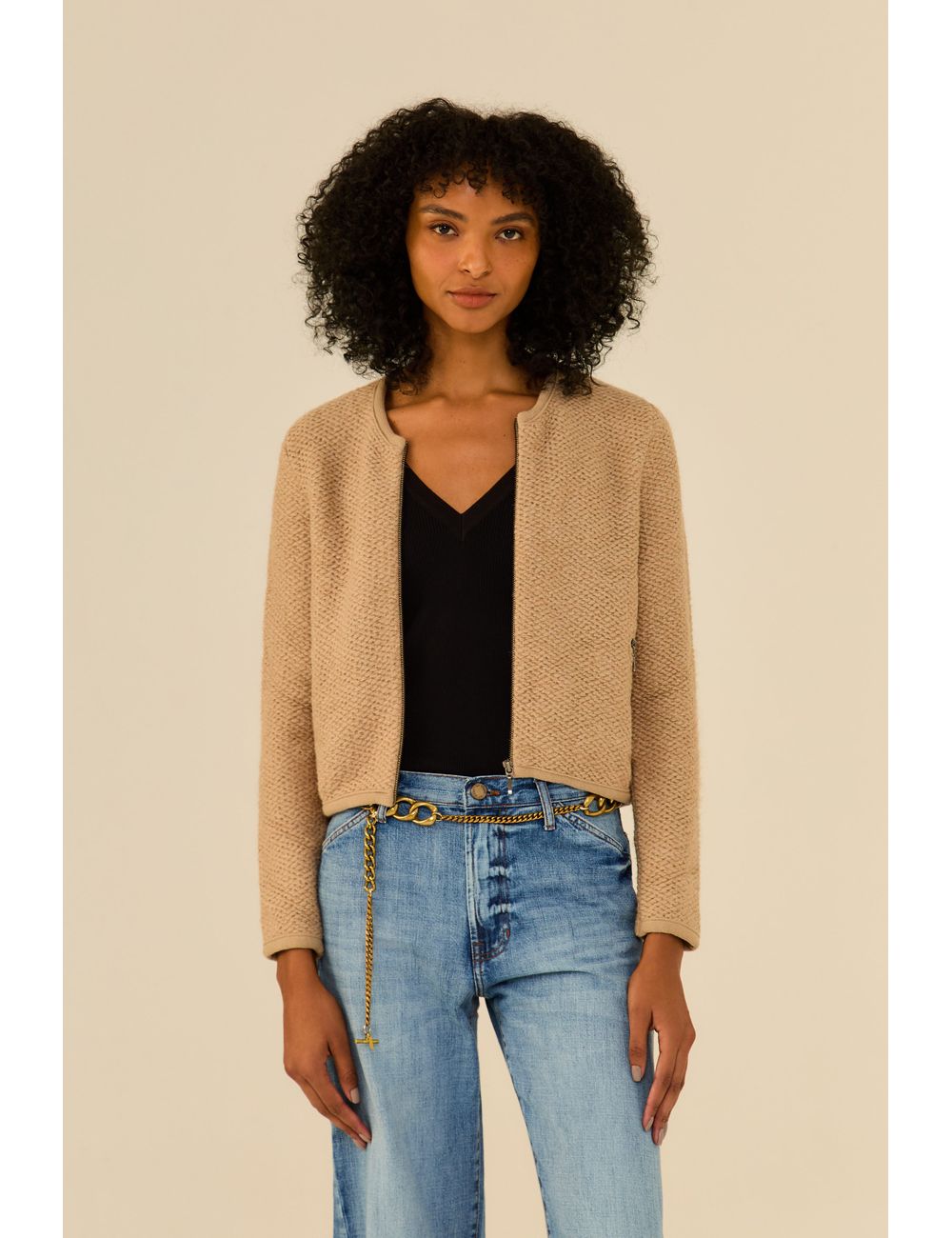 Casaco Tricot Biker Curto Com Zíper