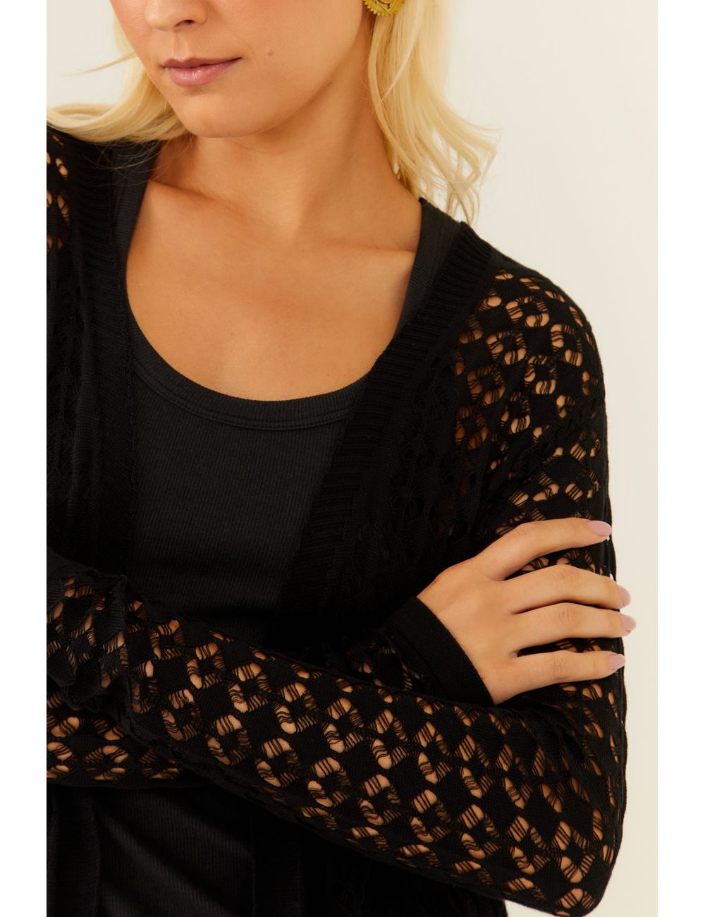 Cardigan Tricot Sobreposição Rendado