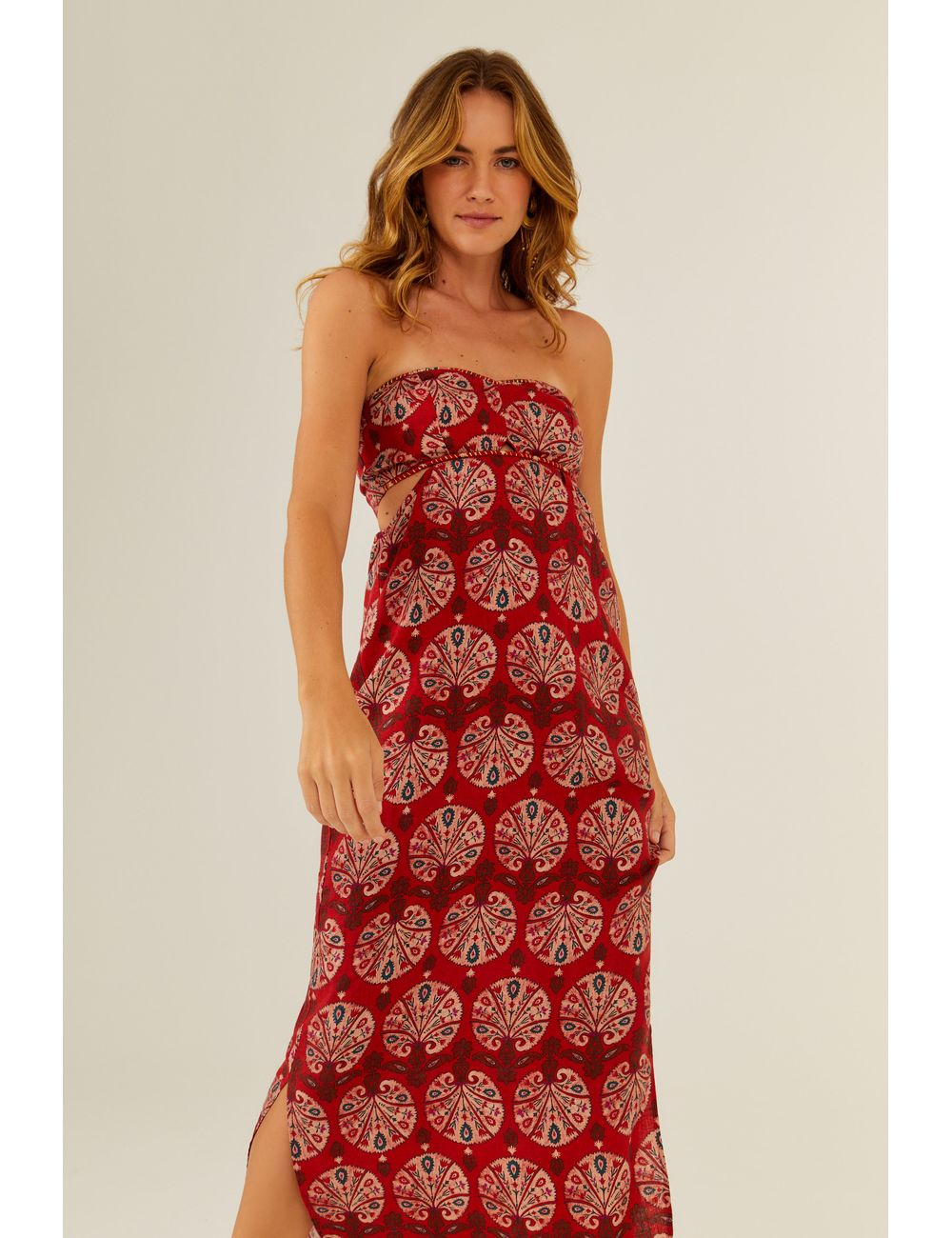 Vestido Midi Linho Estampa Leque