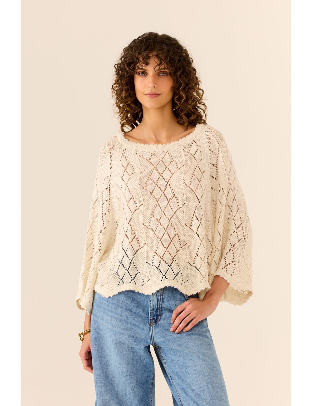 Blusa Tricot Manga Ampla Ponto Rendado
