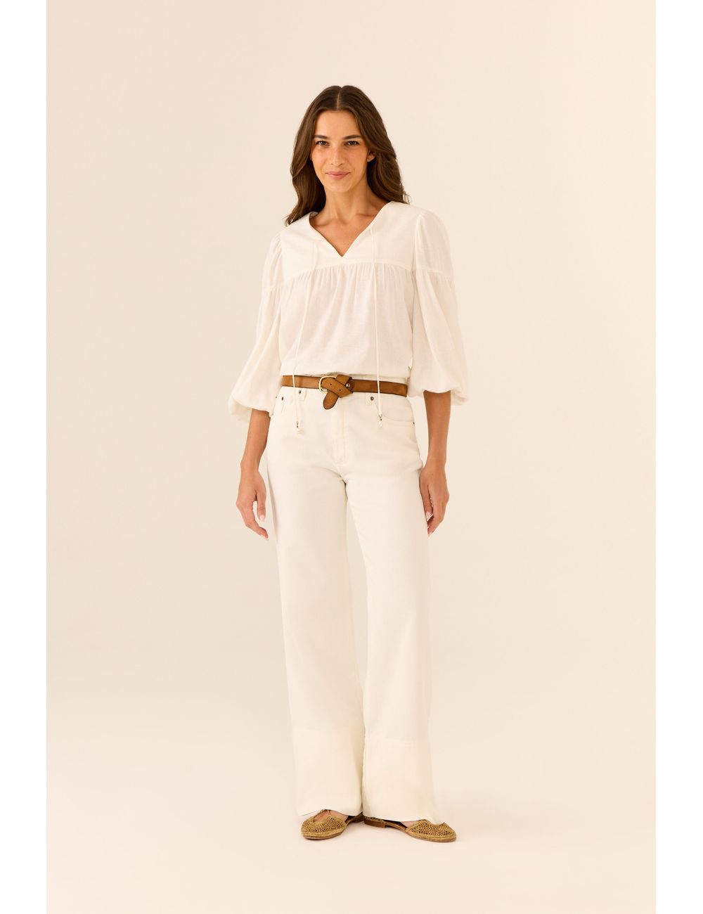 Calça Sarja Wide Leg Pespontos