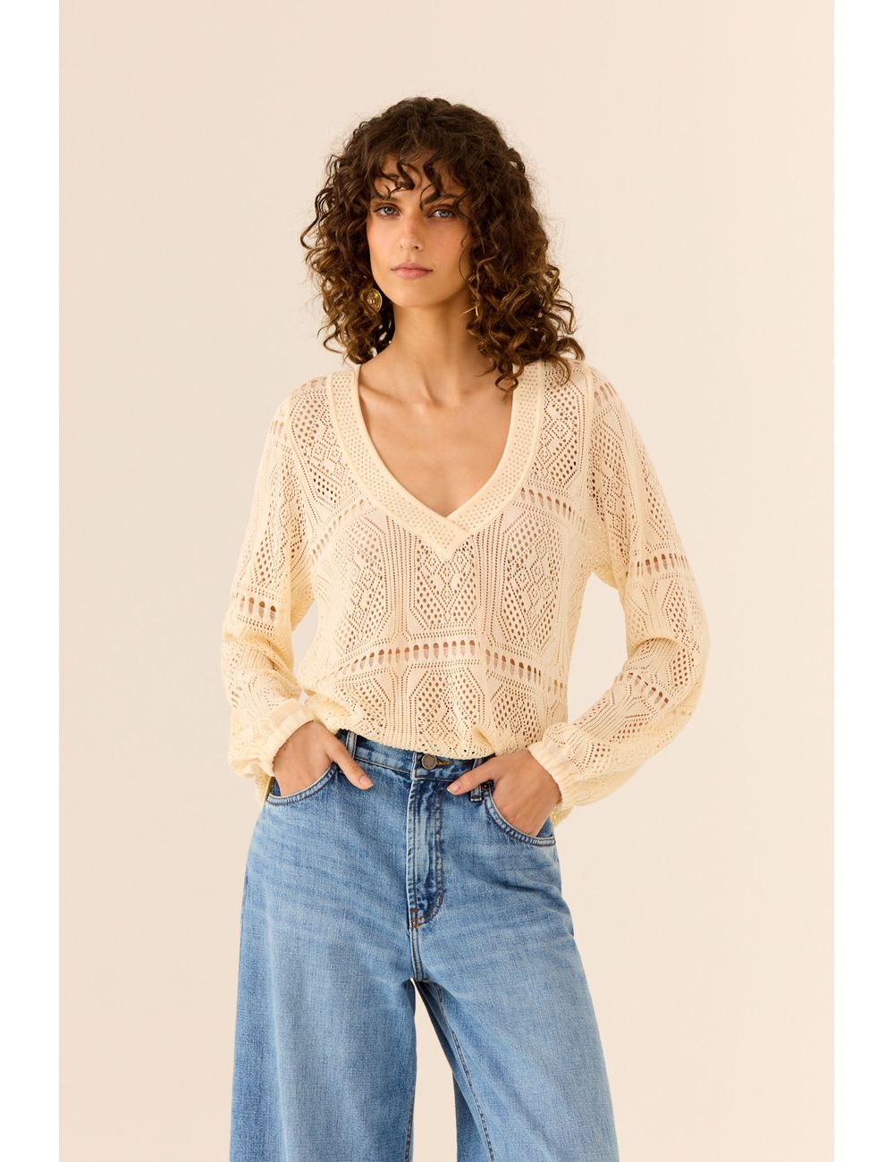 Blusa Tricot Manga Ponto Rendado