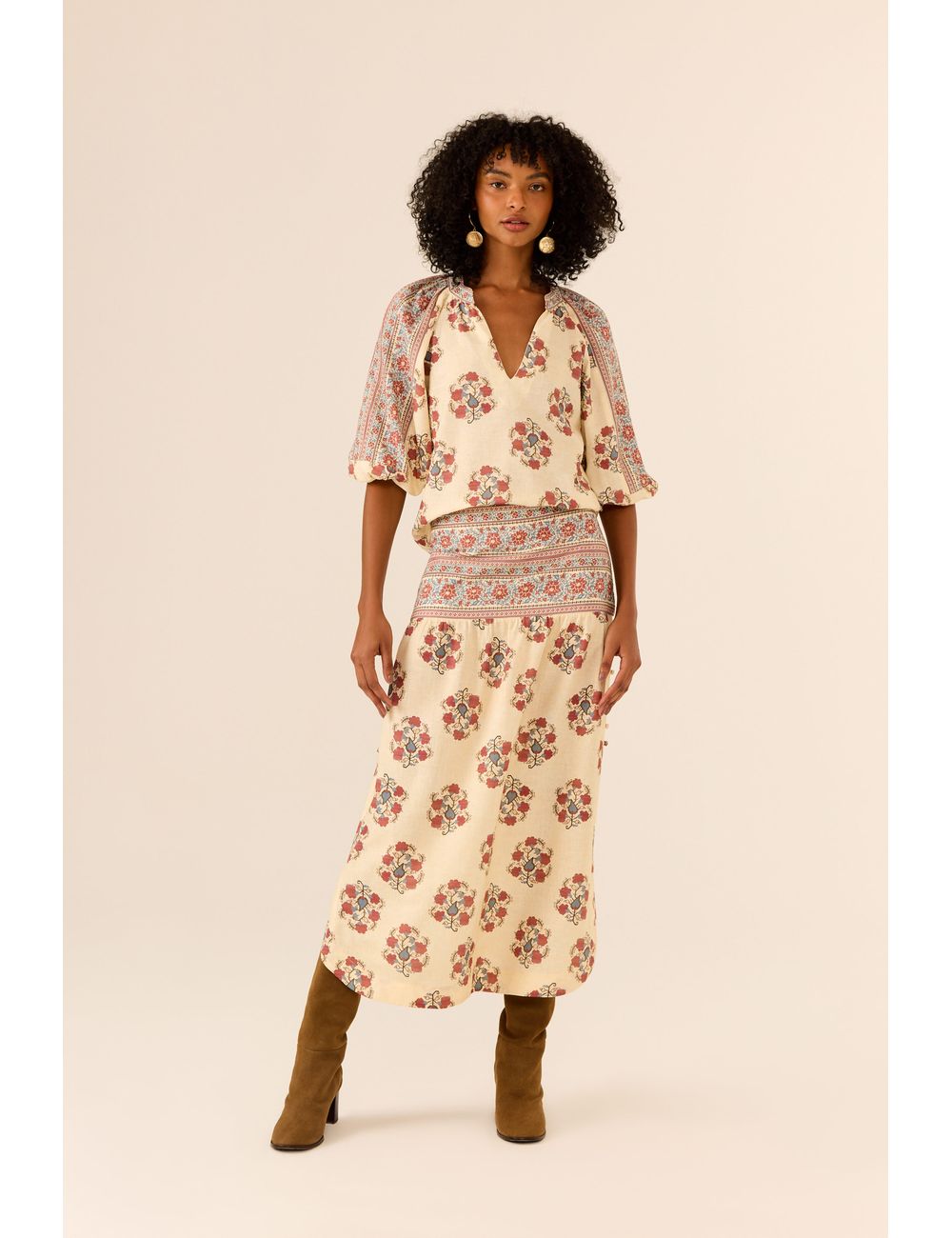 Saia Midi Estampa Peônia