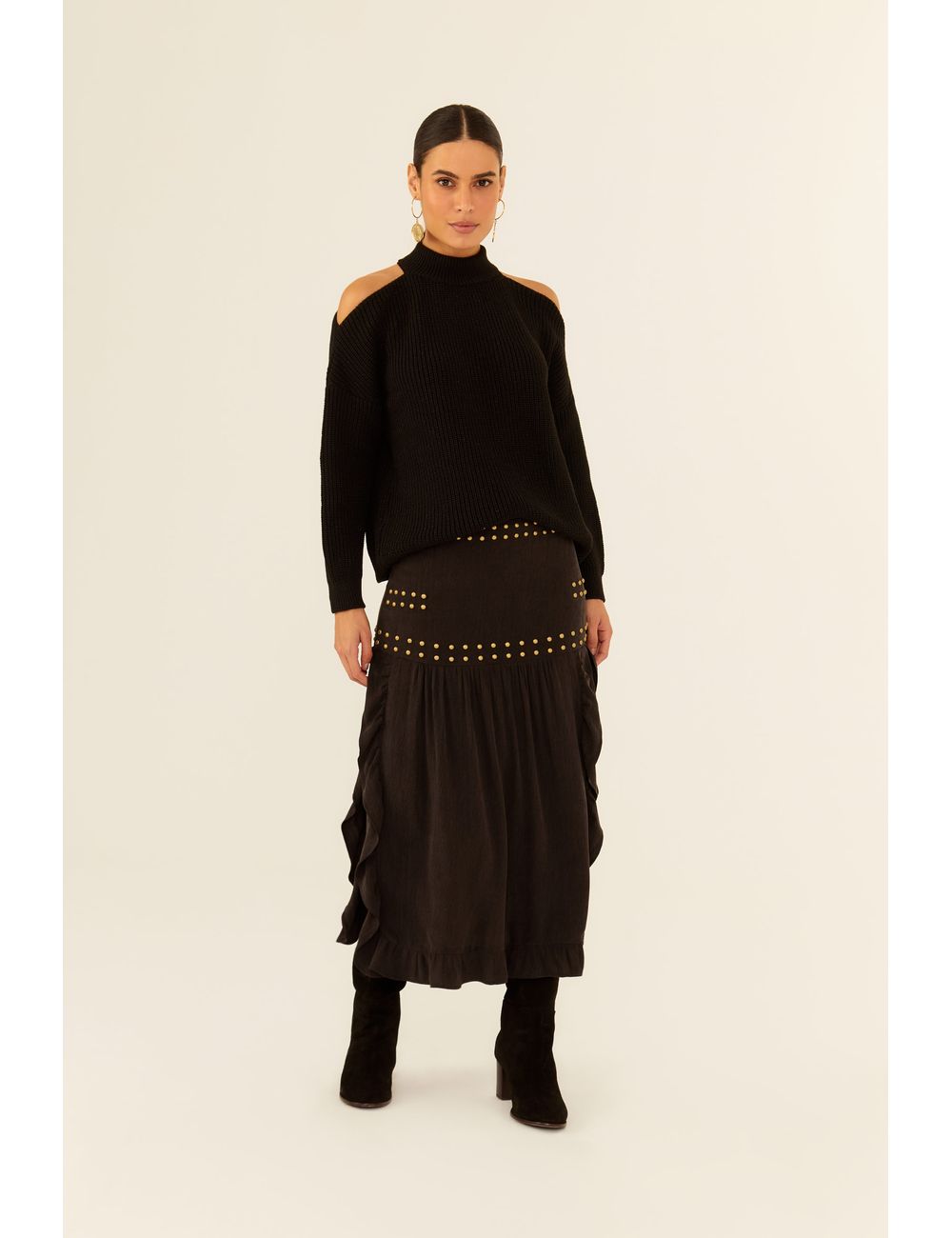 Saia Midi Babado Lateral