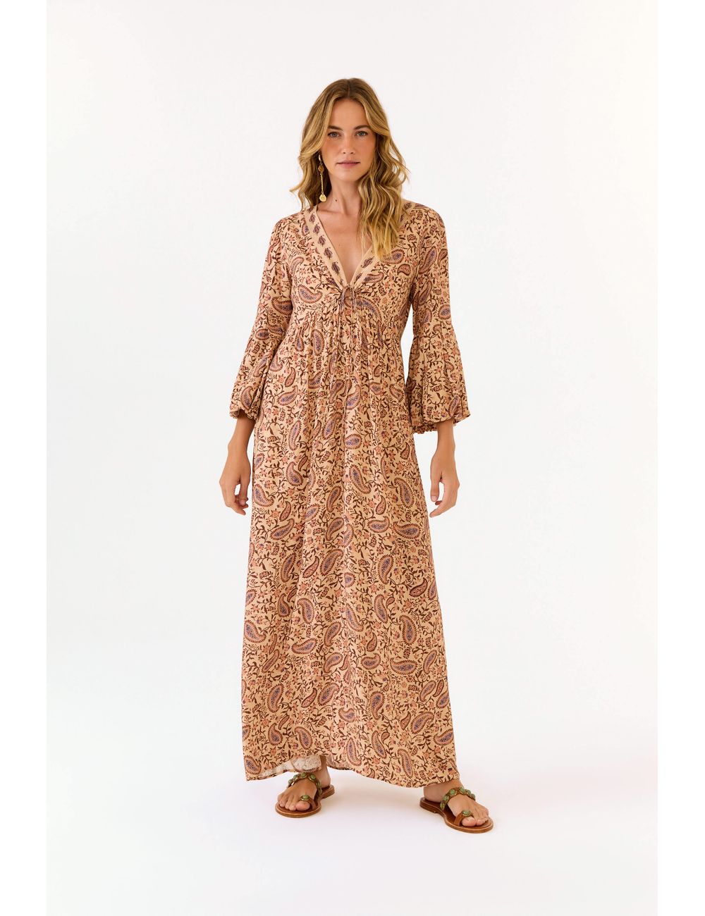 Vestido Midi Manga Estampa Hippie