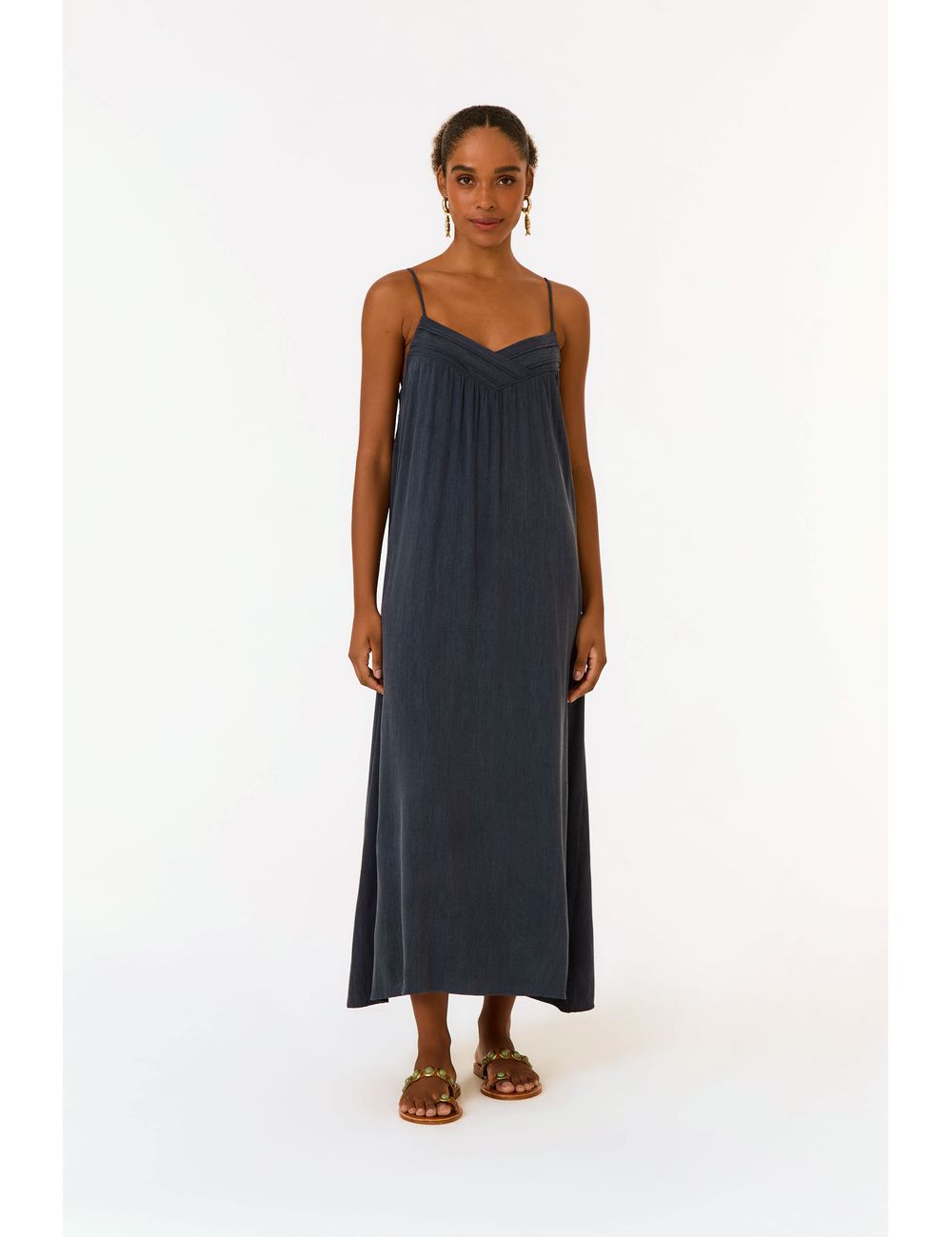 Vestido Midi Decote Pregas