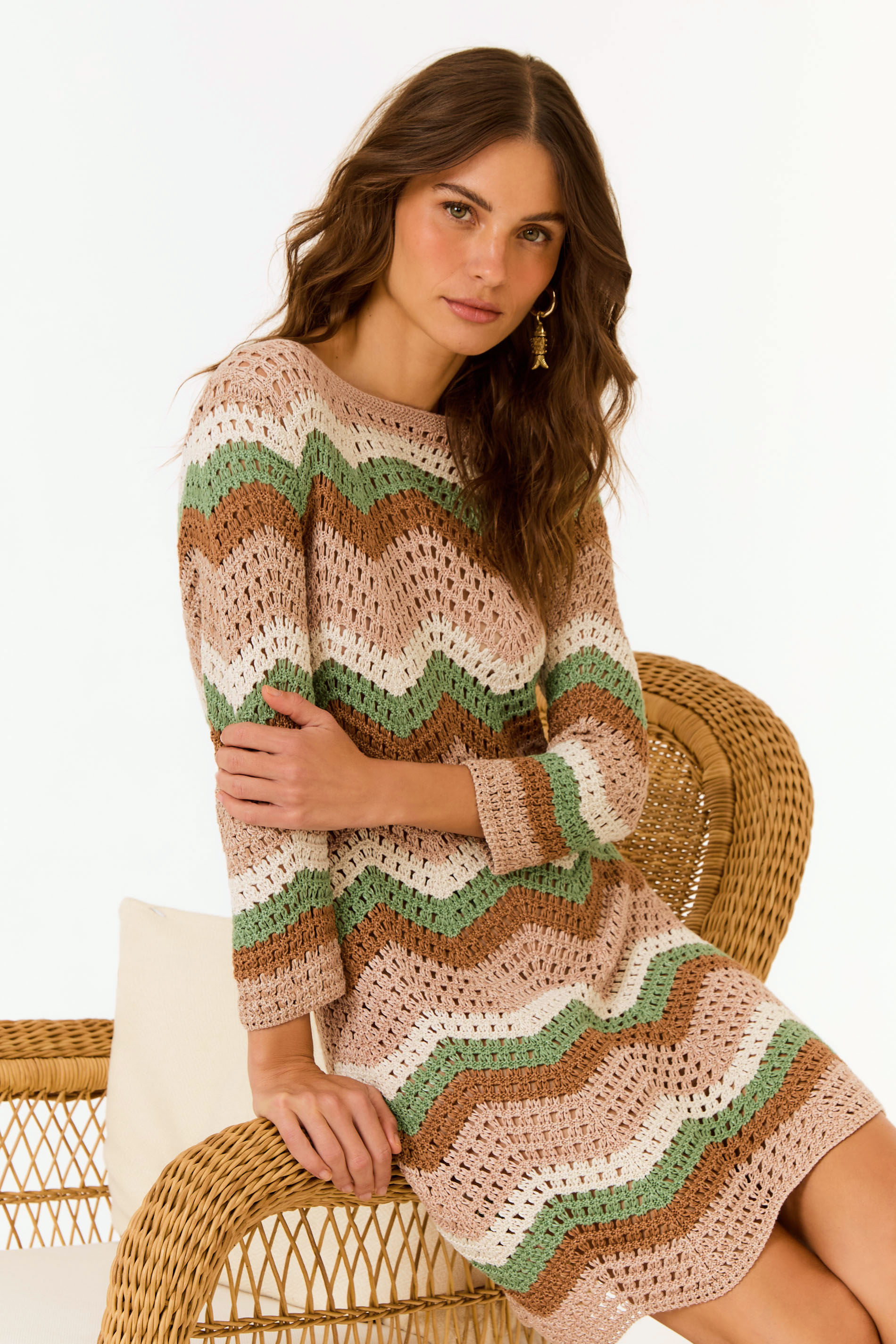 Vestido Tricot Chevron Ponto Crochet