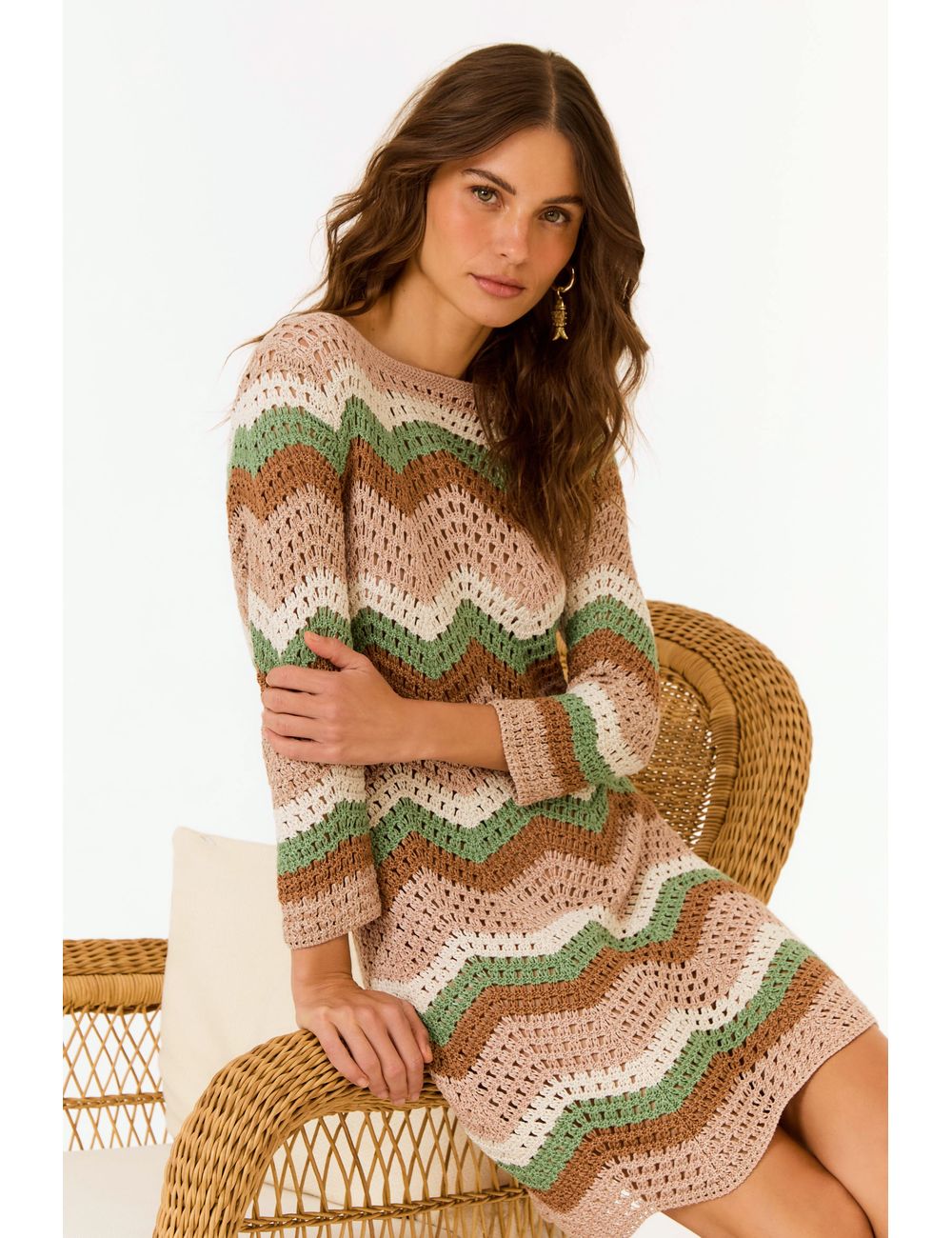 Vestido Tricot Chevron Ponto Crochet