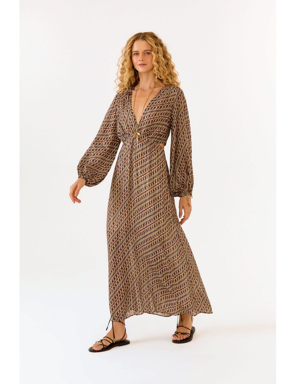 Vestido Midi Manga Estampa Batik Níquel