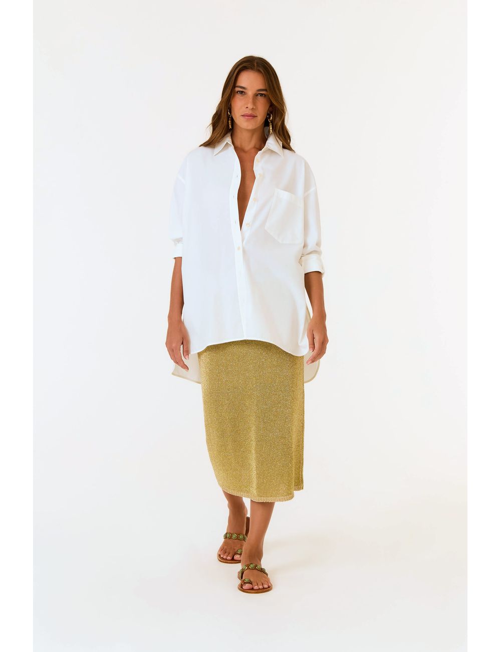 Saia Midi Tricot Lurex Detalhe Cós