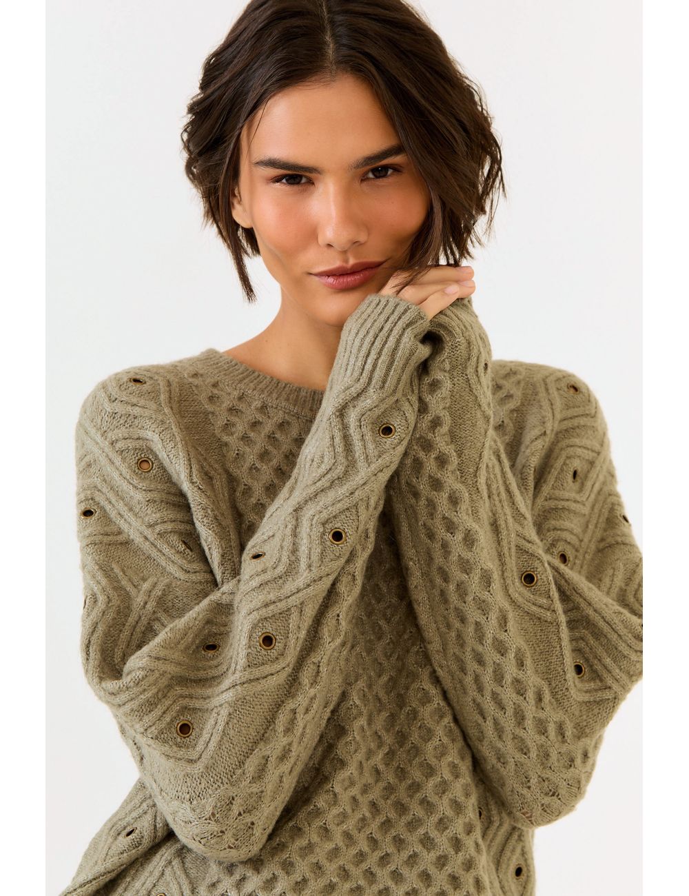 Blusa Tricot Jacquard Com Ilhós