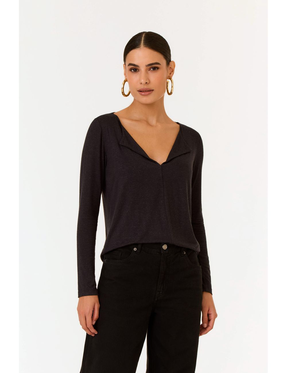 Blusa Manga Longa Dobradura Decote