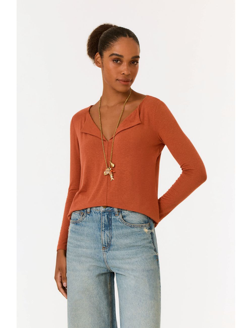 Blusa Manga Longa Dobradura Decote