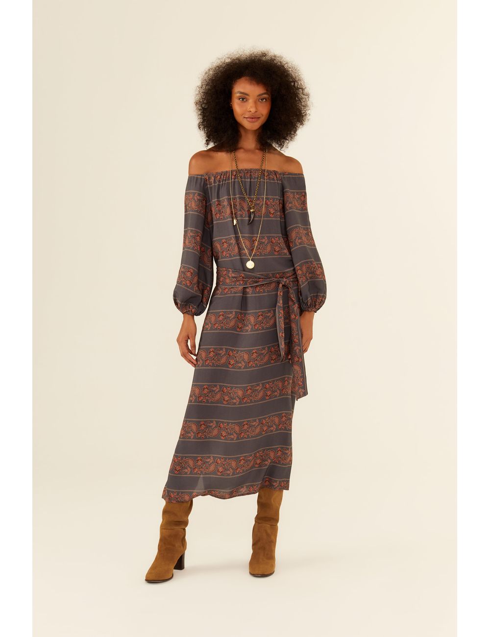 Vestido Longo Manga Estampa Ava Galão