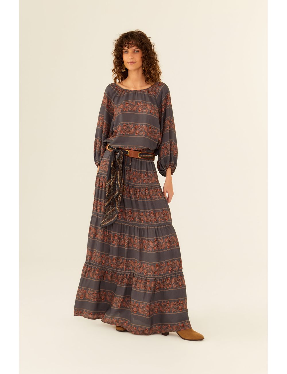 Saia Midi Franzida Estampa Ava Galão