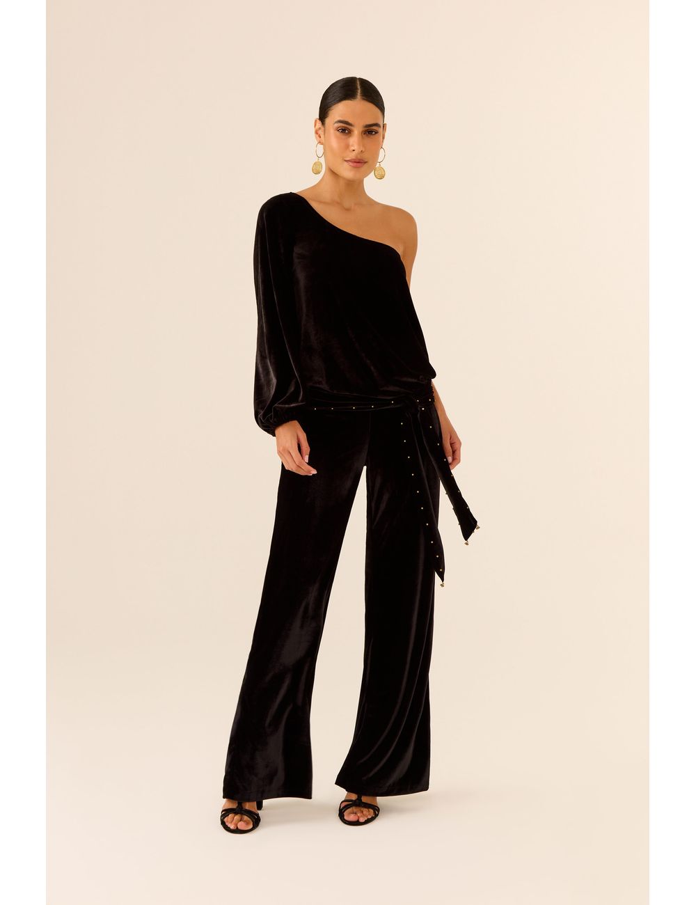 Calça Reta Veludo Faixa Bordada Miçanga