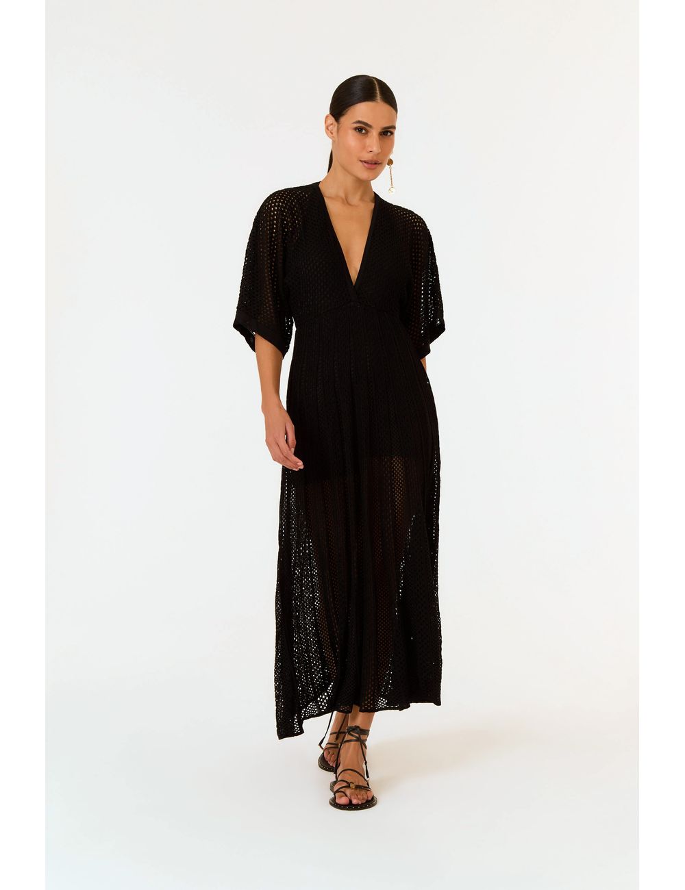 Vestido Tricot Rendado Manga Kimono