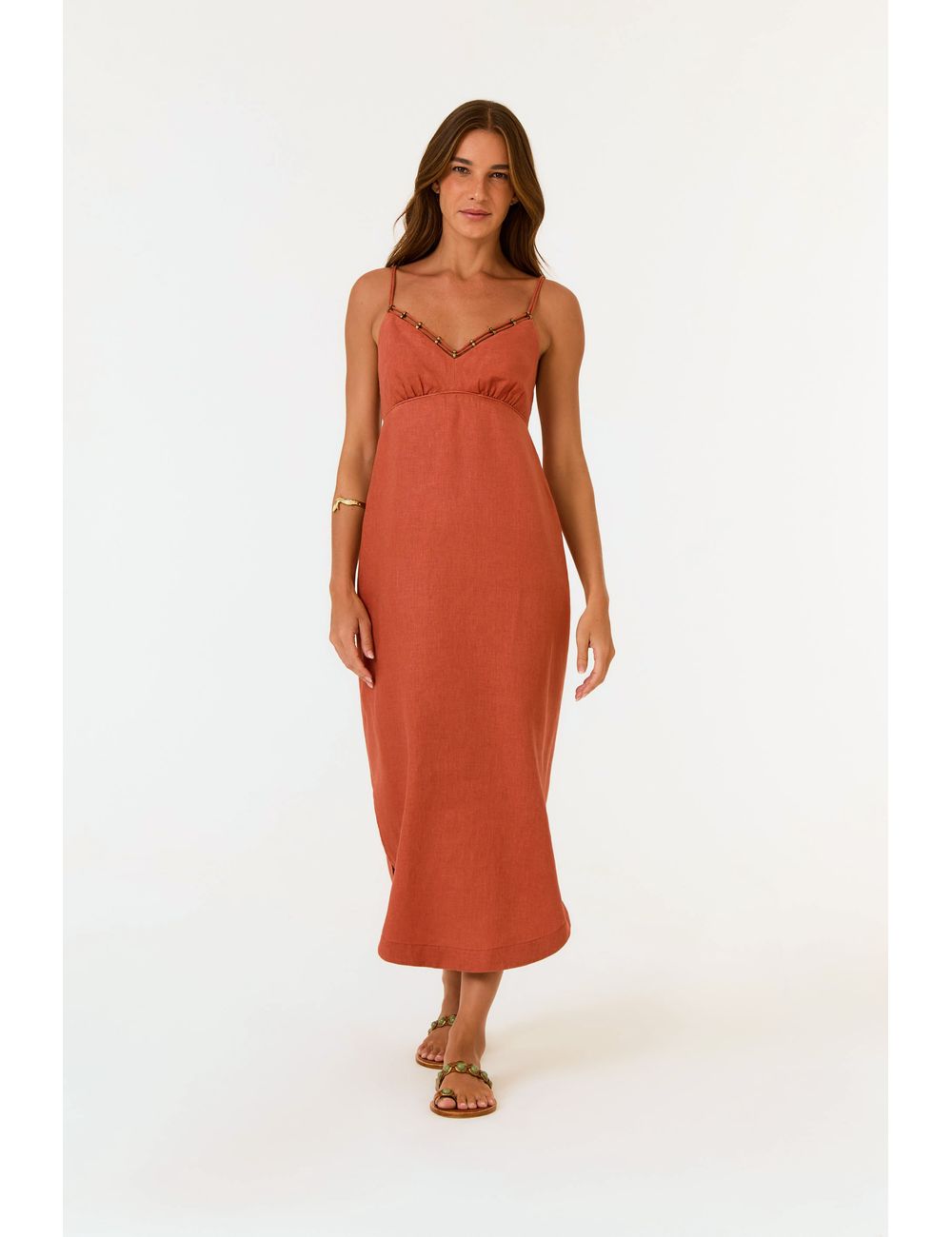 Vestido Midi Linho Decote Metais