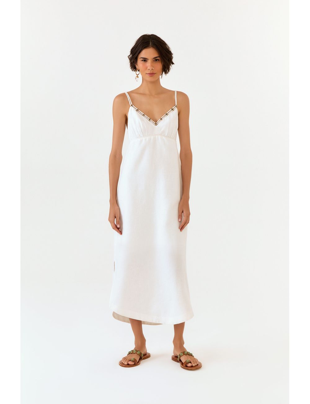 Vestido Midi Linho Decote Metais