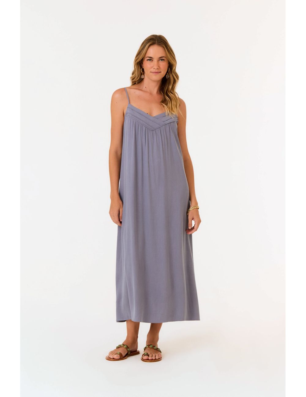 Vestido Midi Decote Pregas