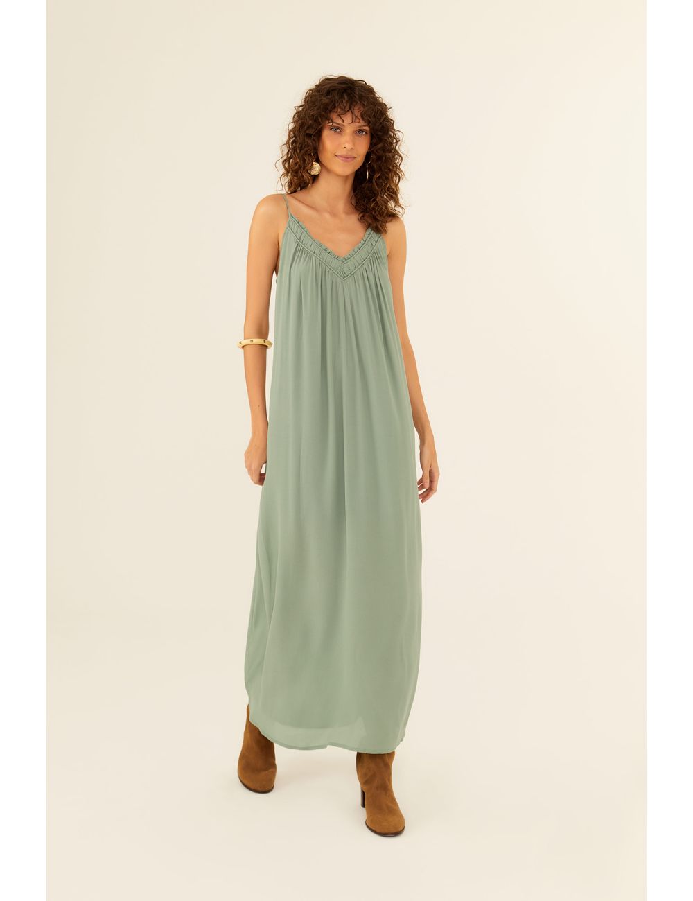 Vestido Midi Alcinha Decote Franzido