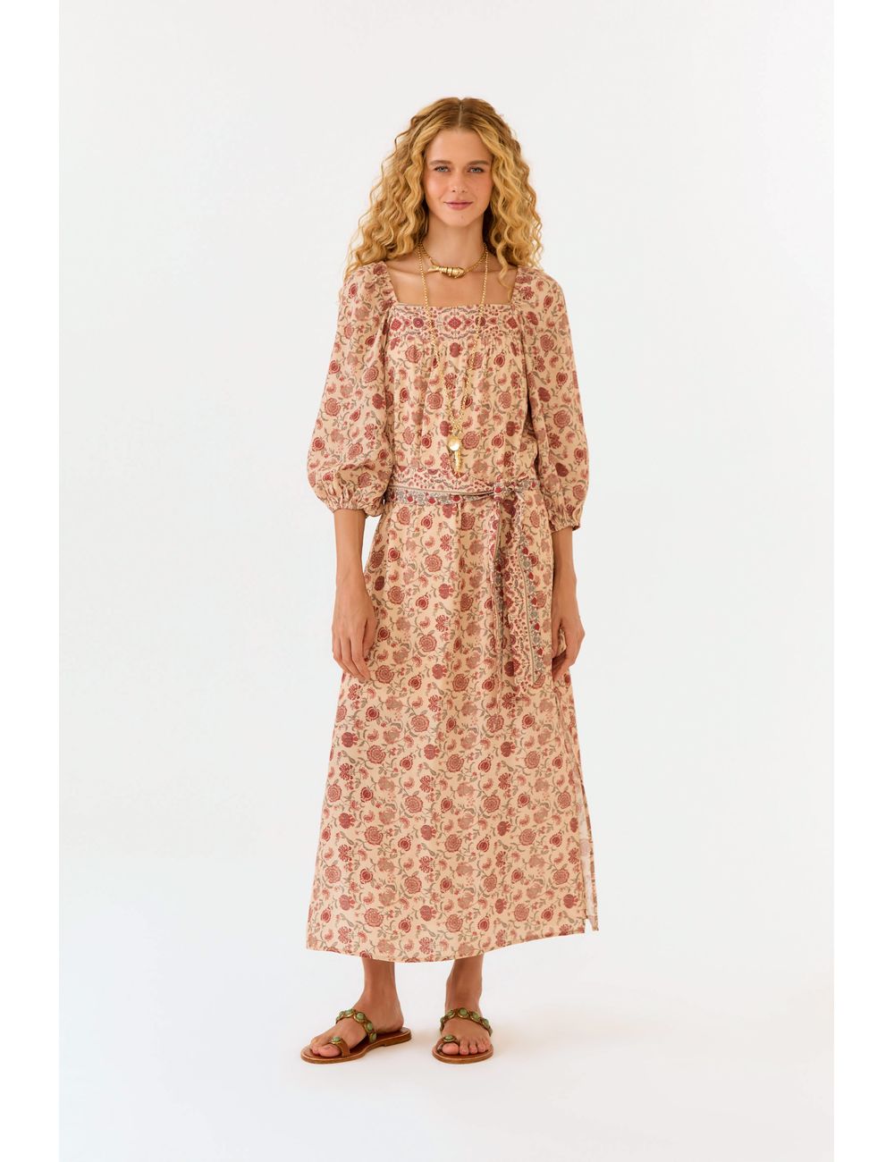 Vestido Midi Manga 7/8 Estampa Agave