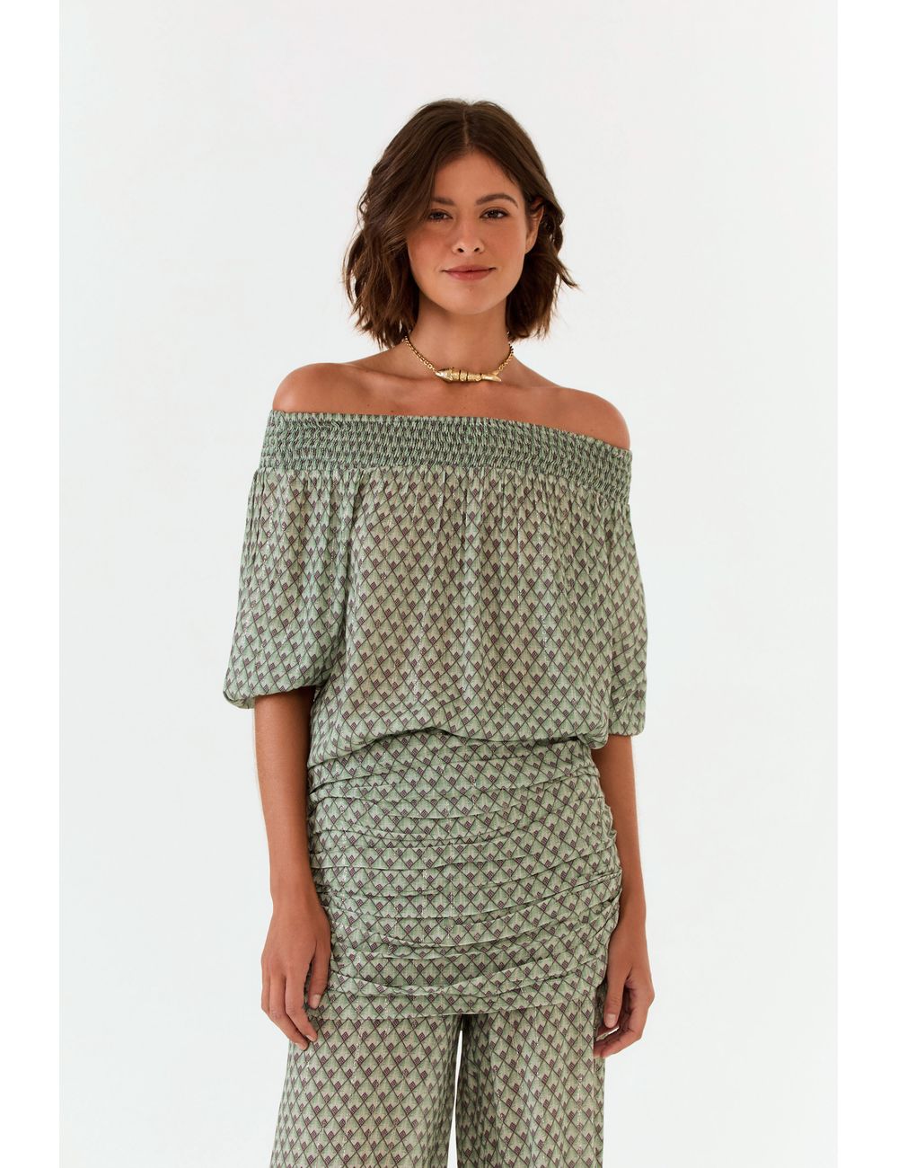 Blusa Ombro a Ombro Estampa Pacco