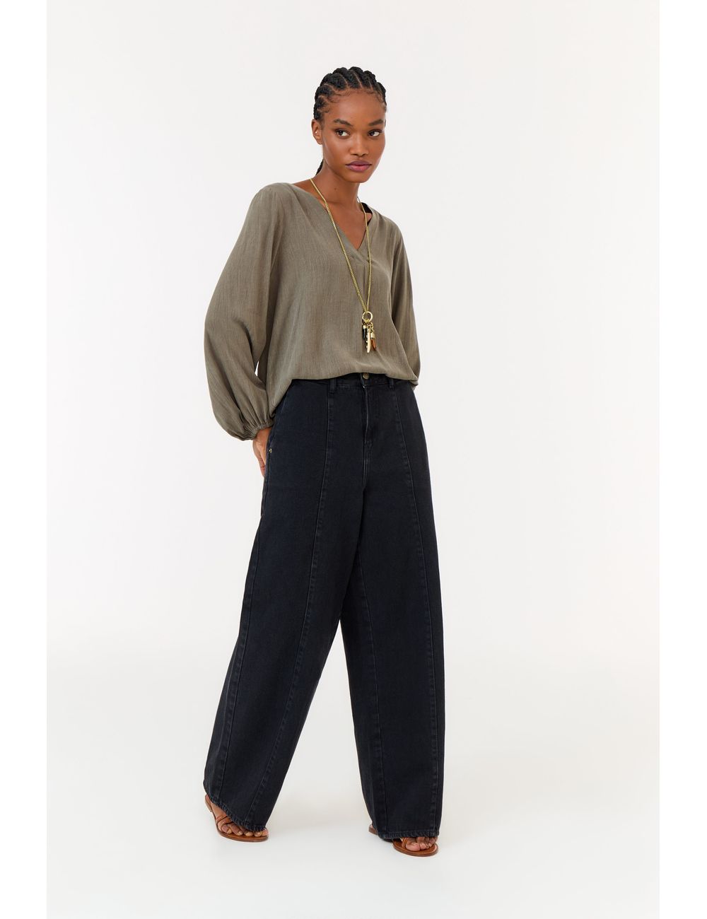 Calça Jeans Wide Leg Recorte Frente