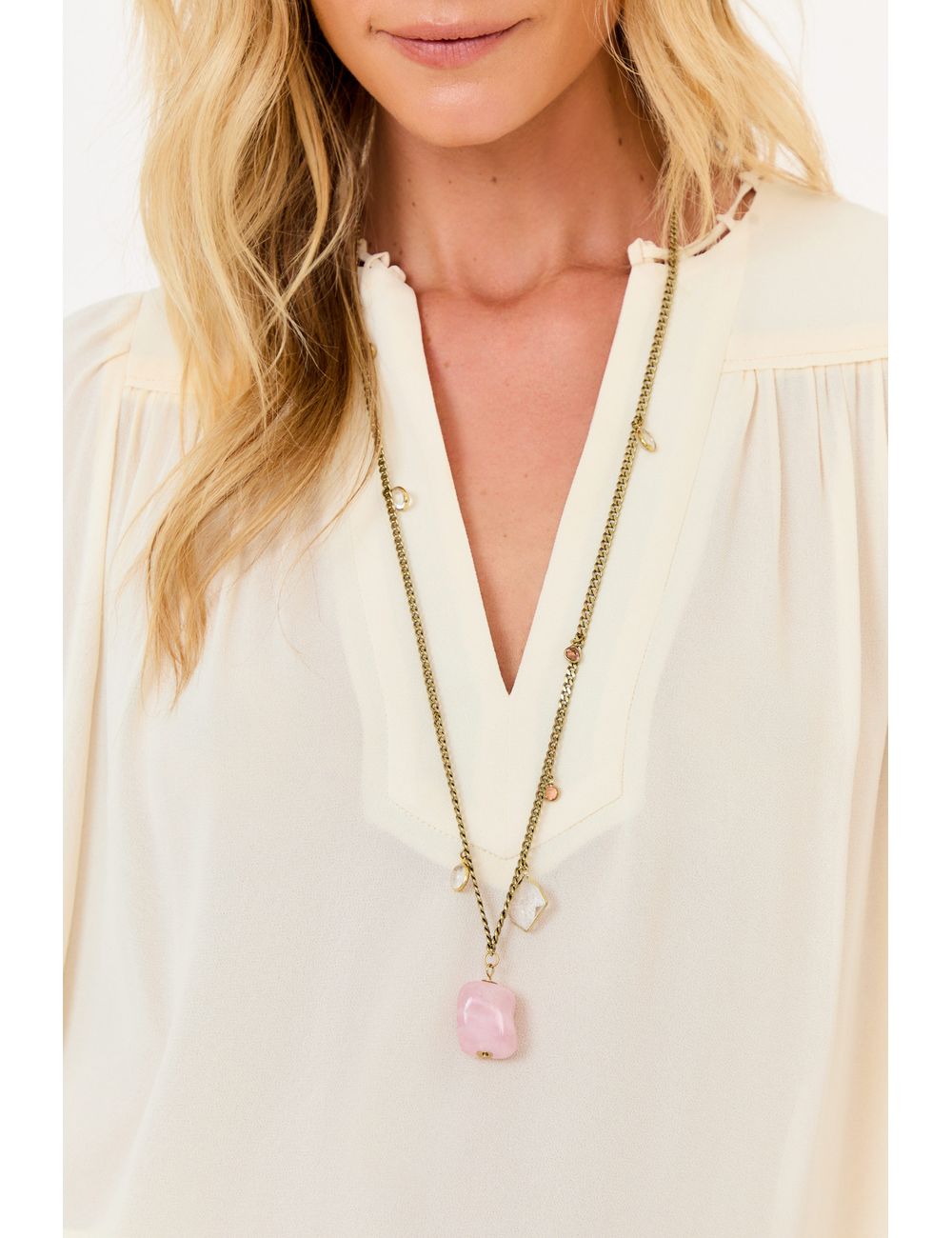 Colar Pingente Quartzo Corrente Pedra – Dourado / U