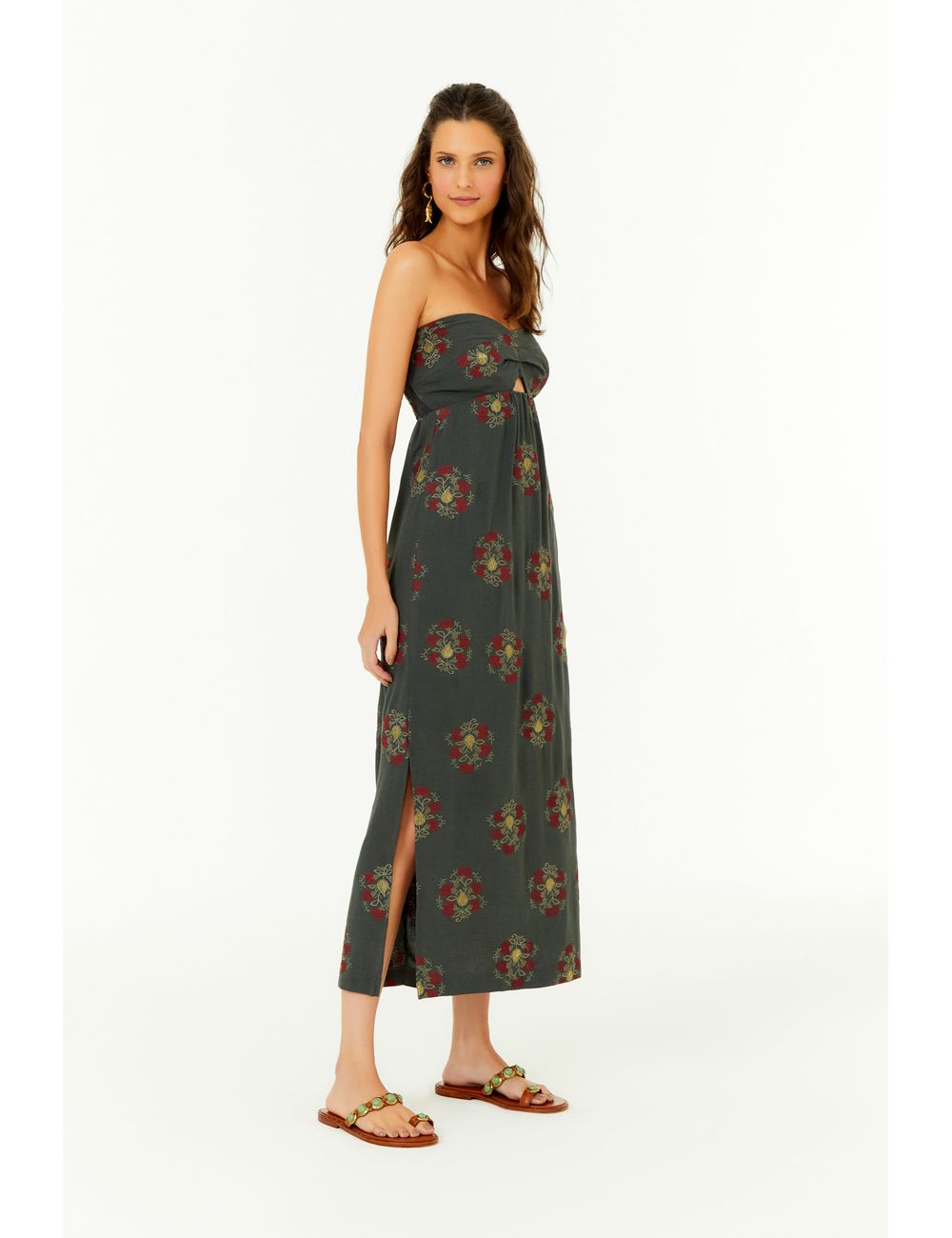 Vestido Busto Bordado Flor Ponto Cruz