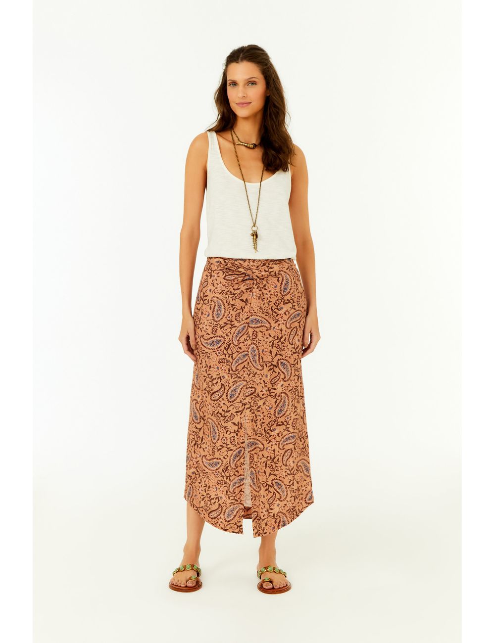 Saia Midi Linho Estampa Hippie Ginger