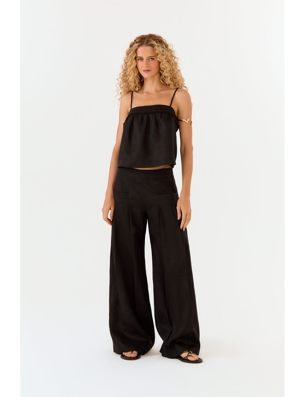 Calça Reta Linho Pregas