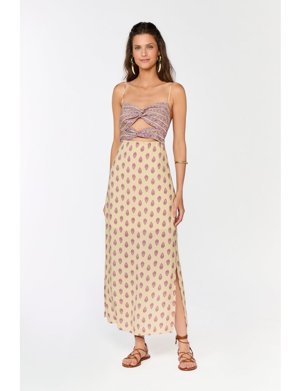 Vestido Midi Vazado Estampa Tropics