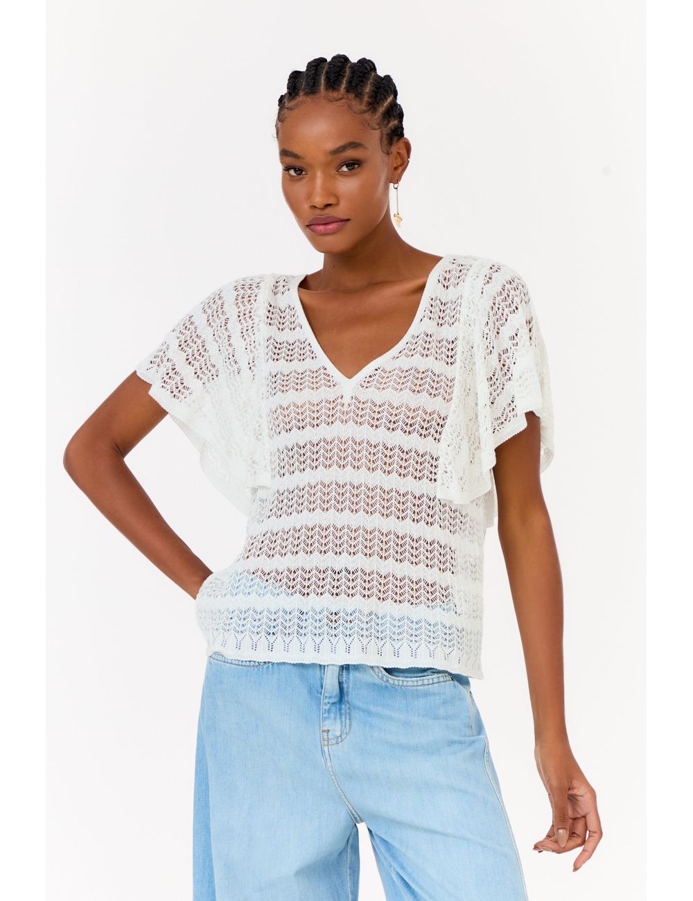 Blusa Tricot Decote v Babados