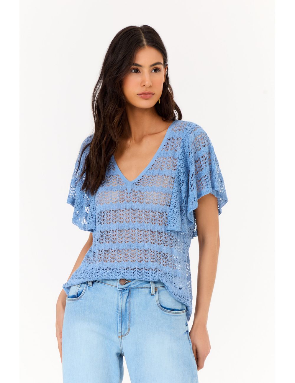 Blusa Tricot Decote v Babados