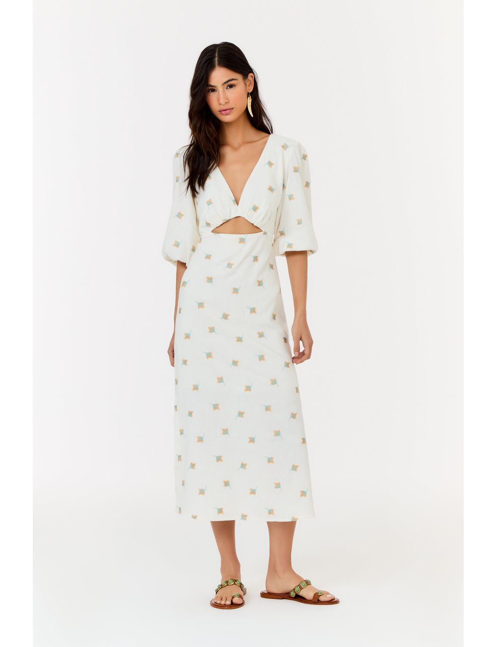 Vestido Midi Decote Bordado Floral