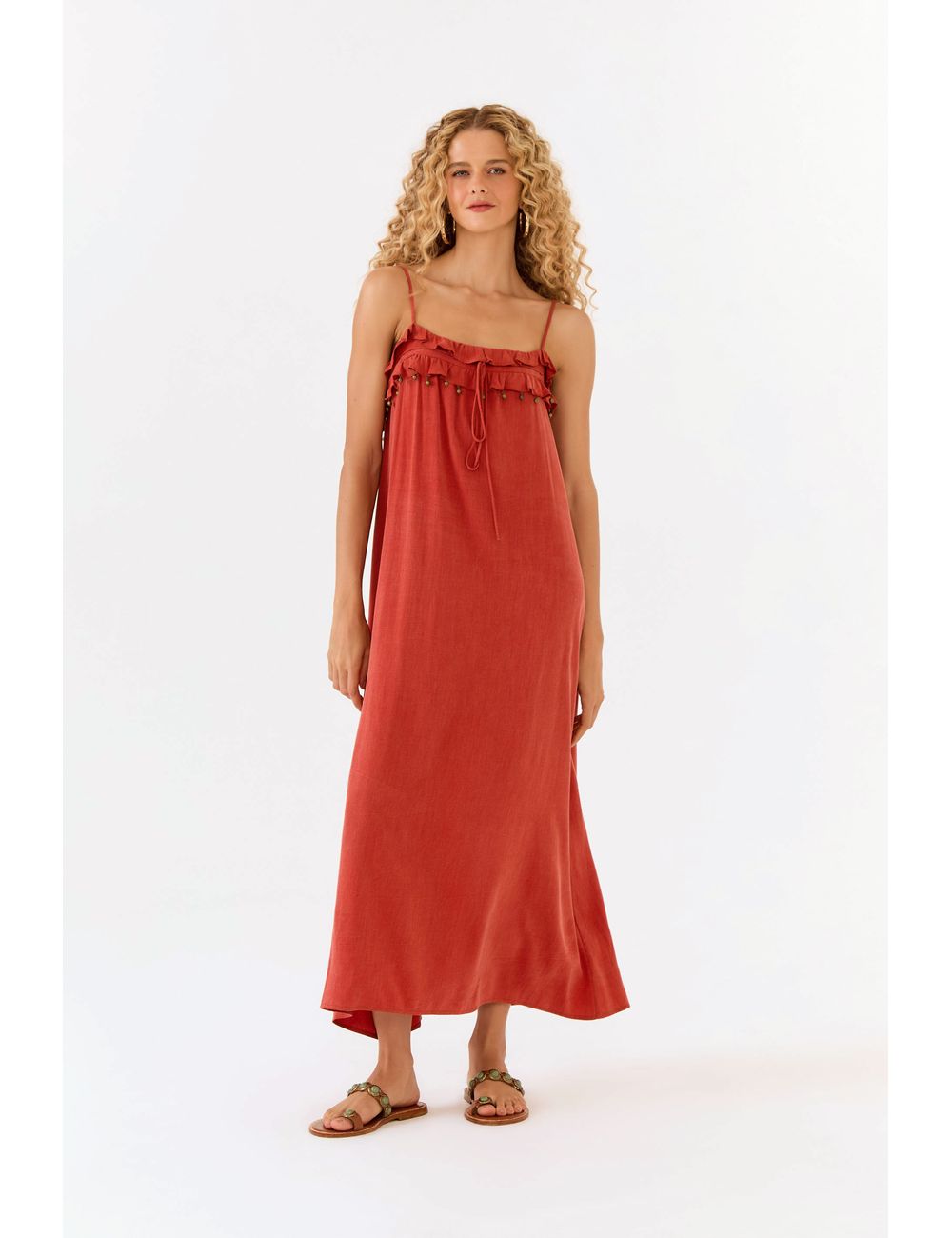 Vestido Midi Decote Babado