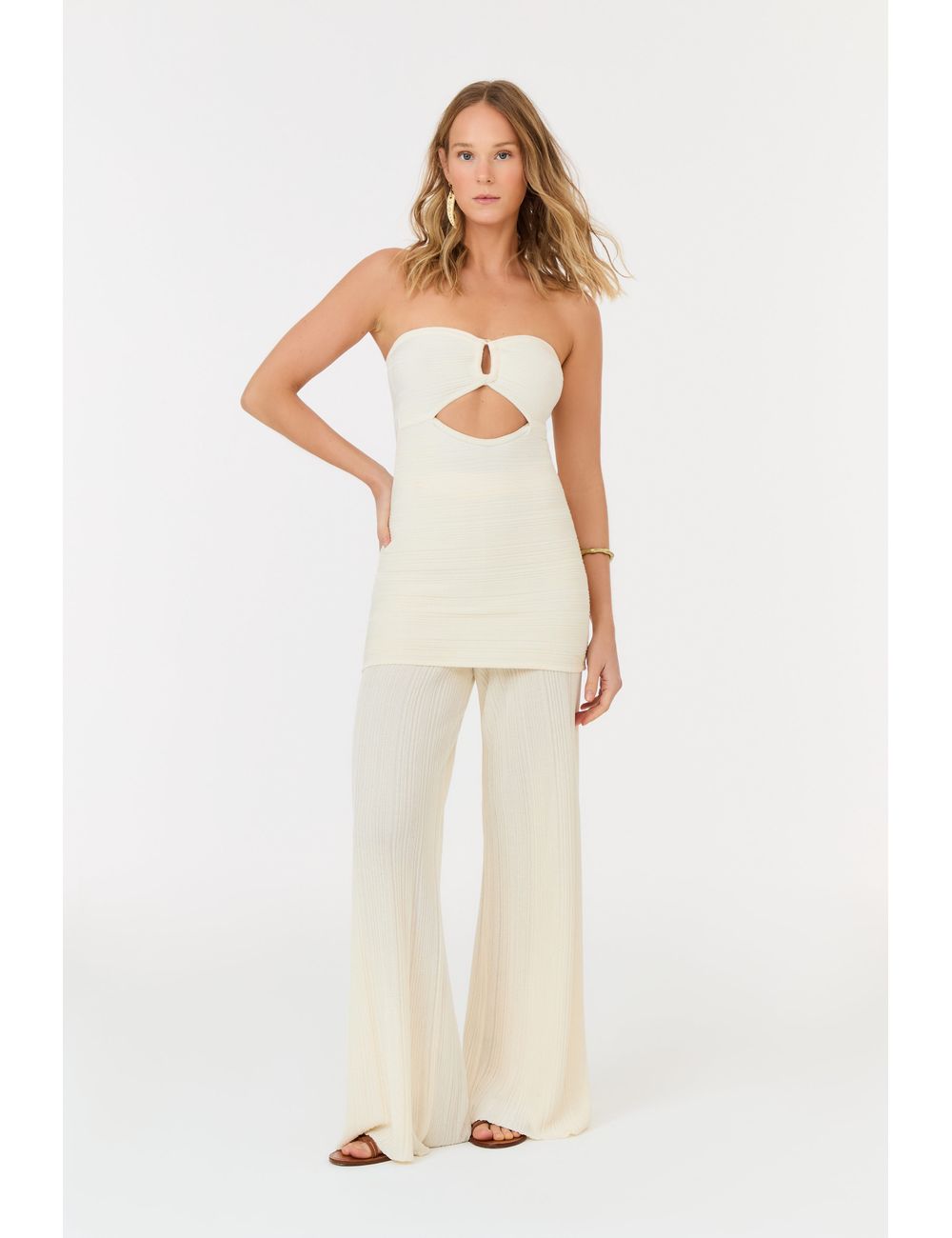 Calça Tricot Pantalona Com Nervuras