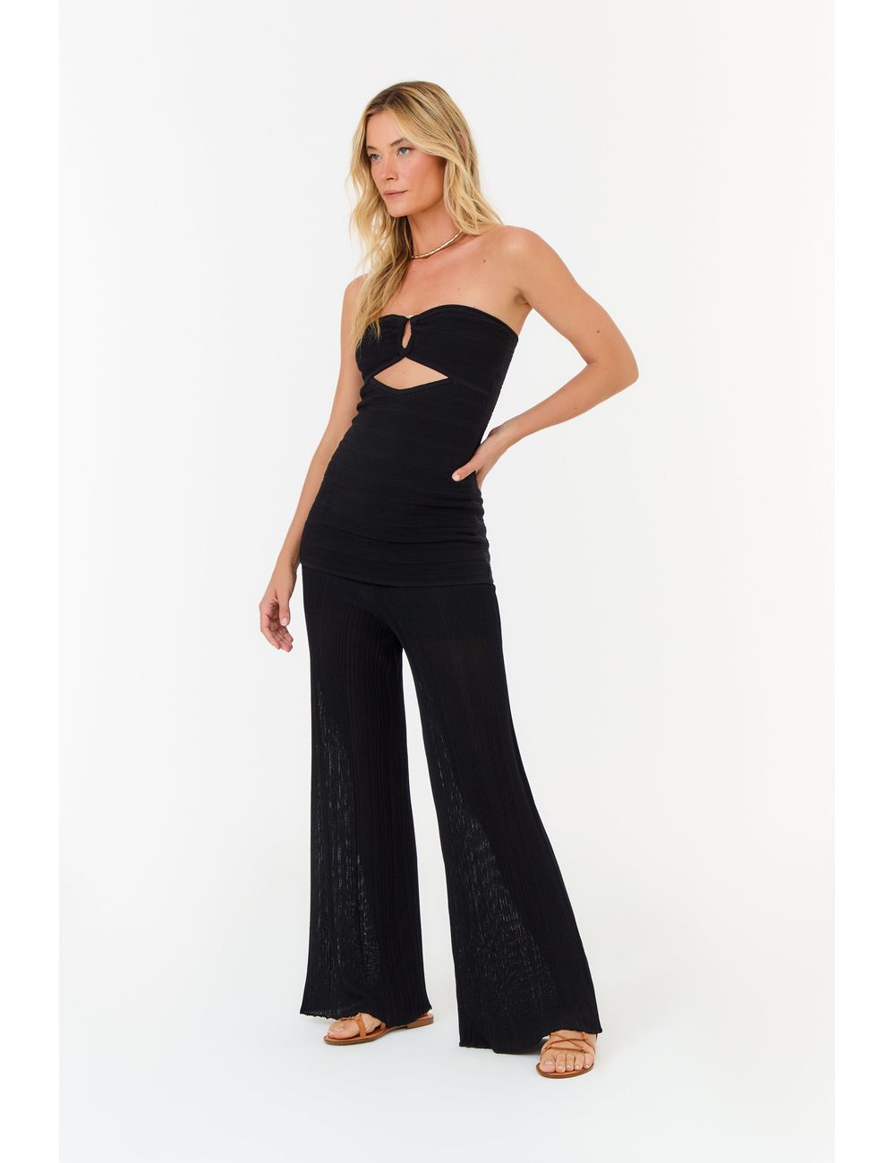 Calça Tricot Pantalona Com Nervuras