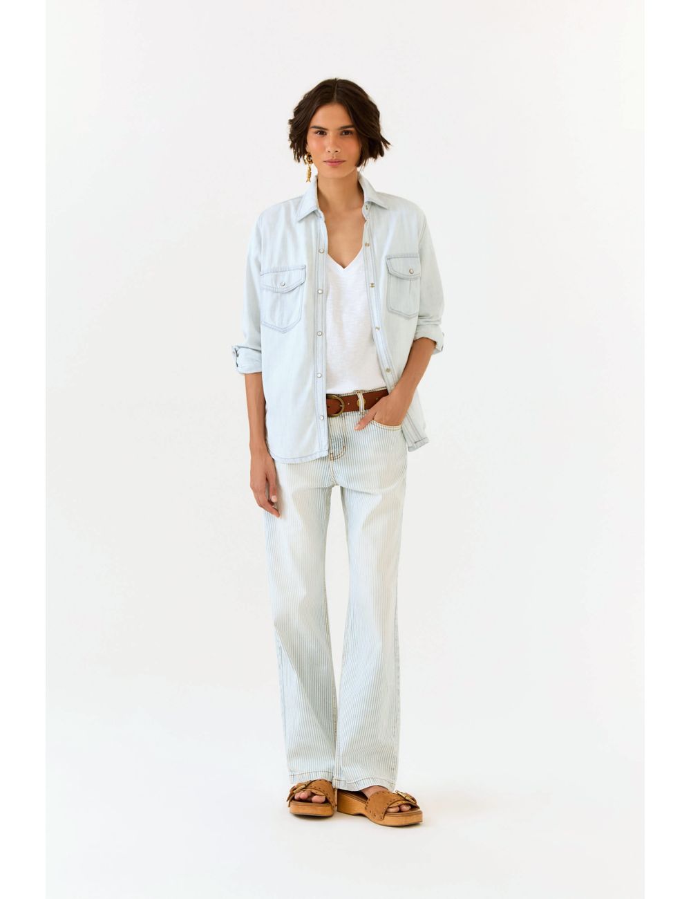 Calça Reta Jeans Listrado