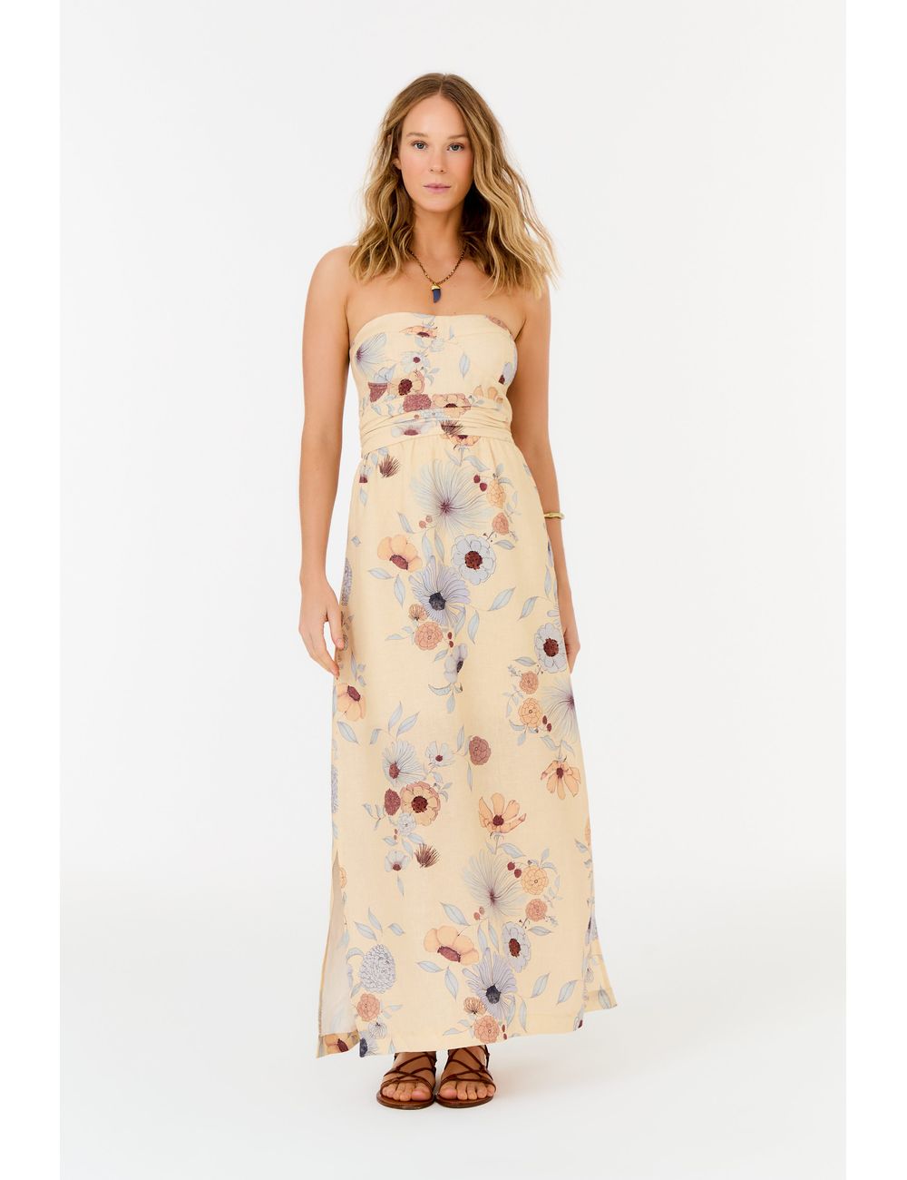 Vestido Sem Alça Linho Estampa Fleur