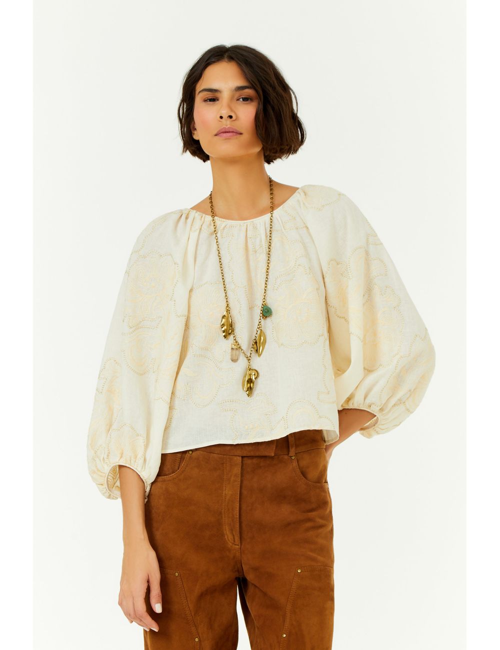 Blusa Manga Bufante Bordado Magnolia