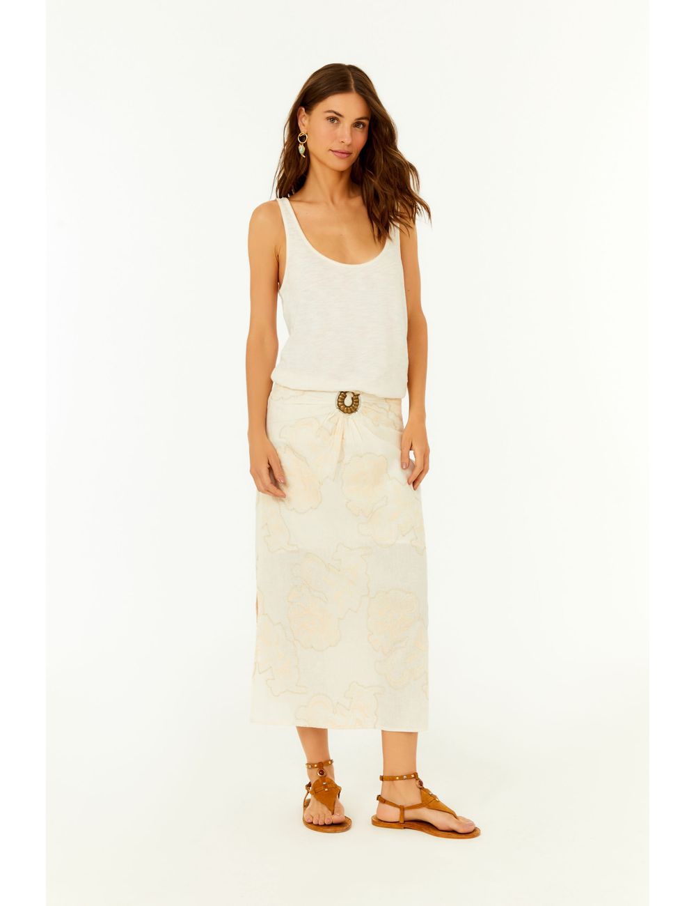 Saia Midi Fivela Bordado Magnolia